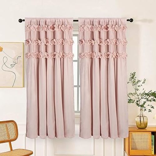 Luxurious Peach Pink Blackout Curtains with 3 Rows of Handmade Butterfly Flower Ruffles, Room Darkening and Soundproof Window Curtain 42" W x 63" L (Pair), Machine Washable (LQ-37)