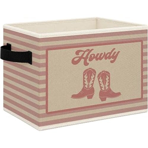 Pink Western Howdy Foldable Storage Bins Box with Handles, Cowgirl Boots Western Nursery Striped Collapsible Toys Books Clothes Organizer Basket for Girl Nursery Room Bedroom Bathroom