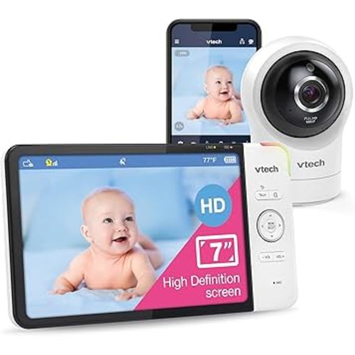 VTech RM7764HD 1080p WiFi Remote Access Baby Monitor, 360° Pan&Tilt, 7” 720p HD Display, HD Night Vision, Soothing Sounds, 2-Way Talk, Temperature Sensor, Motion Detection, iOS & Android