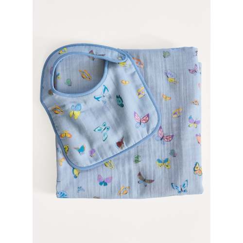 Tummytime Bib & Shawl Blanket Set-Blue Madame Butterfly