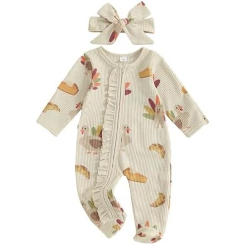 Newborn Baby Girl Boy Thanksgiving Outfit Turkey Print Long Sleeve Footed Romper Zip Jumpsuit Cute Fall Clothes