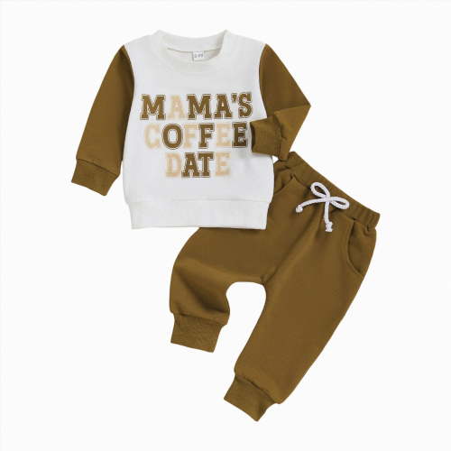 HCNTES Toddler Baby Boy Fall Winter Clothes Long Sleeve Letter Print Crewneck Sweatshirt and Elastic Pants Outfits(Coffee#2_2,6-12 Months)