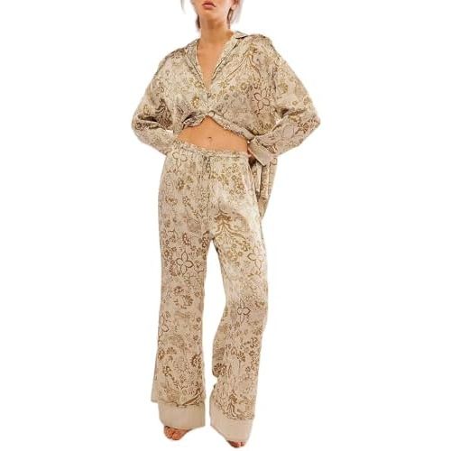 Arssm Satin Pajama Set for Women Silk Pajamas Set 2 Piece Floral Pj Set Long Sleeve Button Down Pjs Sleepwear
