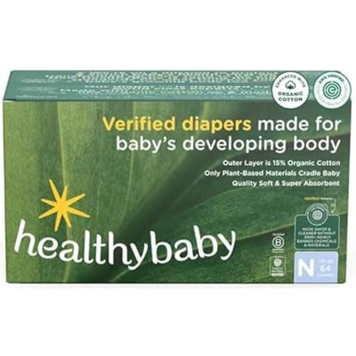 HealthyBaby Luxury Diapers, Certified Safe Organic Cotton Enhanced, Size N, 64 Count