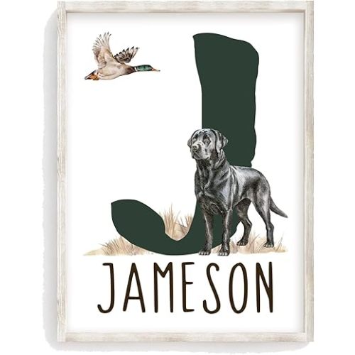Pixie Paper Personalized Watercolor Black Lab and Duck Rustic Wilderness Outdoor Hunting Nursery Decor Unframed Print Name and Initial