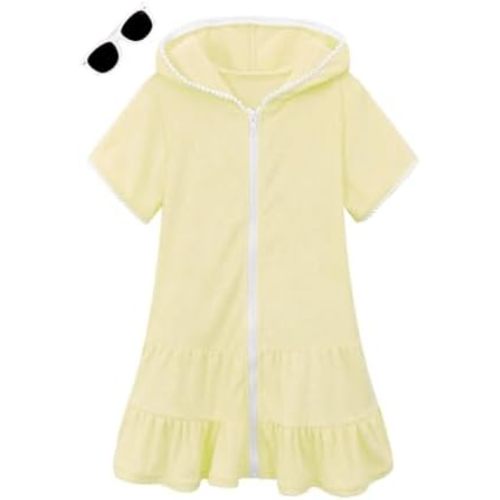 LUCKYGAL Girls Swim Cover Up Kids Swimsuit Coverup Terry Zip-Up Beach Bathing Suit Wraps with Sunglasses