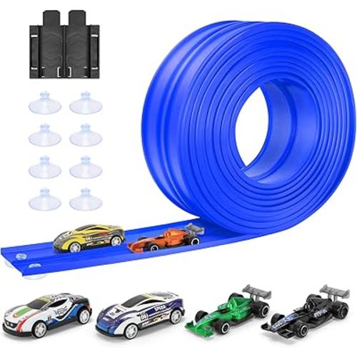 KETIEE Flex Tracks 16Ft for Kids: Flexible Race Car Ramp Track with 4 Small Racecars and 8 Suction Cups Compatible with Hot Wheels and Diecast 1/64th Cars, Rolls Up Portable Racetrack for Ages 3 & Up