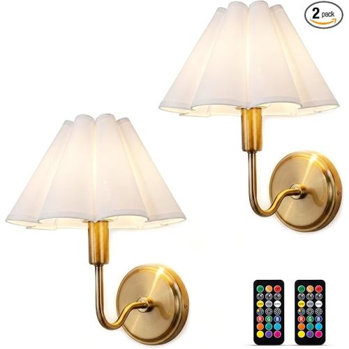 Gold Wireless Sconces Set of 2 with Linen Scalloped Shade, Battery Operated Wall Sconces with Remote and Dimmable Bulb, Luxury Rechargable Wall Lights for Bedroom Livingroom Bathroom (White Linen)