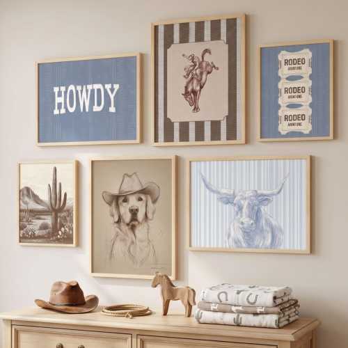 Blue Western Nursery Art Printed Curated Southwest Cowboy Hat Gallery Set of 6 Framed Kid Room Above Bed Golden Retriever Howdy Quote Crib
