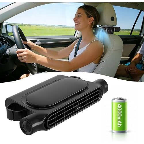 Car Fan with 4000mAh Battery, Portable Car Air Conditioner for Front or Back Seat Cooling, Easy Install Car Seat Fan for Kids, USB Car Fans That Blow Cold Air Car Essentials for Summer Road Trips