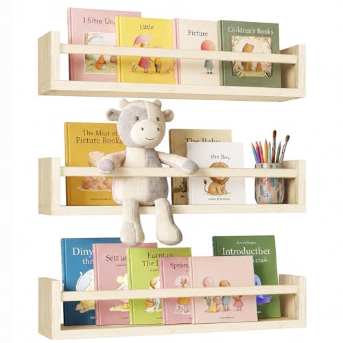 Fixwal Floating Nursery Book Shelves for Wall, 16.5in Set of 3 Natural Wood | Solid wood shelves store kids' books, toys and clothing. Fits kids' room, playroom, nursery, living room, bedroom & bathroom.