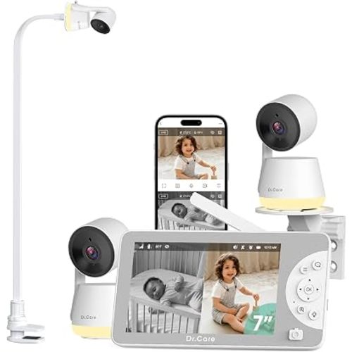 Dr.Care LumiView Max 7" Smart WiFi Baby Monitor with 2 Camaras ＆ 1 Clip Mount - 1080P FHD & 2K Camera, Privacy Mode, Cry & Motion Detection, 6000mAh Removable Battery, Snapshot & Video Recording