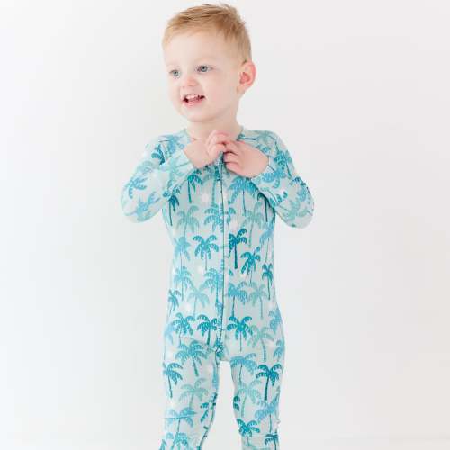 Coastal Blue Palms Small Ribbed Zip Romper