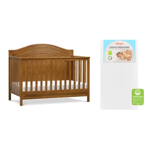 DaVinci Charlie 4-in-1 Convertible Baby Crib w/Mattress - Chestnut | GREENGUARD Gold Certified, Low-Profile Crib Convertible to Toddler Bed, Daybed, Full Bed - Conversion Kit Sold Separately