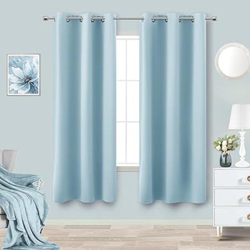 KOUFALL Light Blue Curtains for Bedroom,63 Inch Length 2 Panels Blackout Room Darkening Light Heat Reducing Curtains for Kids Room Girls Nursery Breakfast Nook.Sky Blue,42x63-64 Inches Long