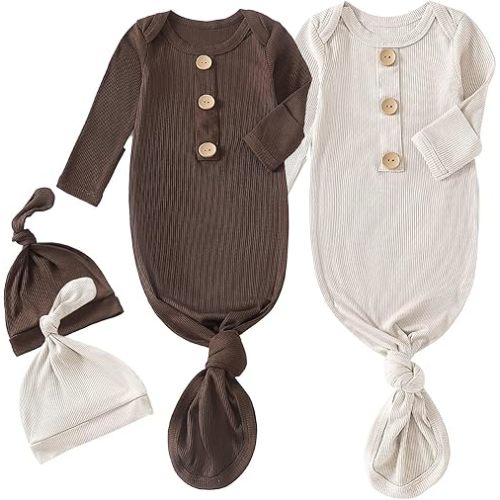 OPAWO Knotted Gown Baby Newborn Sleepers Baby Boy Coming Home Outfit, Bamboo Viscose Baby Gowns with Mitten Cuffs and Hat Set