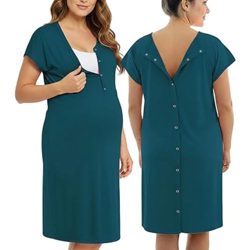 PATPAT Maternity Labor and Delivery Gown, 3 in 1 Hospital Nursing Nightgown with Easy Snaps, Skin-to-Skin Access & Pockets