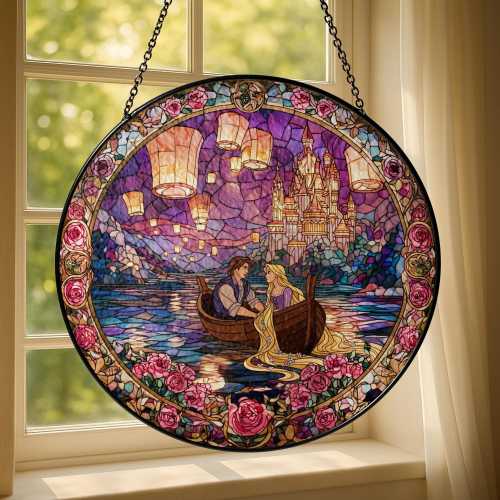 Tangled Rapunzel and Flynn Ride Stained Suncatcher, Disneey Anniversary Gift For Husband Wife