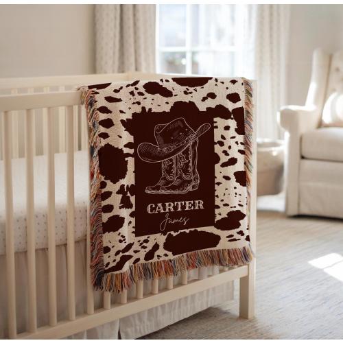 Personalized Cowboy Woven Baby Blanket, Western Cowboy Boys Blanket, Heirloom Blanket, Newborn Name Blanket, Baby Name Woven Throw Blanket
