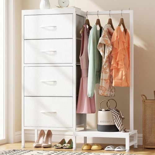 Tall Dresser 44''H with Hanging Rack, 4 Drawers Small Closet Dresser for Bedroom, Reversible Fabric Chest of Drawers with Clothes Rack, Tall Storage Tower, Sturdy Frame, White