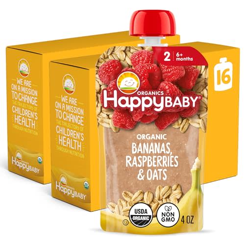 HAPPY BABY Clearly Crafted, Stage 2, Bananas, Raspberries & Oats, 4oz (16) | USDA Organic & Vegan Baby Food, 2 Servings of Fruit, Gluten-free, Clear Pouch Shows Real Ingredients Inside, Non-GMO