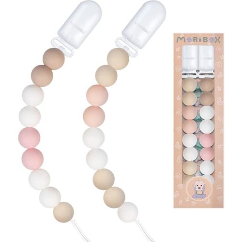 Pacifier Clips for Baby Boys Girls Paci Clip Holder Birthday Gift 2 Pack (Pink Peach)