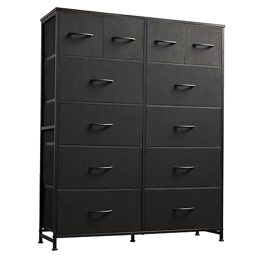 WLIVE 12 Drawer Tall Black Fabric Dresser Bedroom Storage Chest | Black tall 12-drawer fabric dresser with wood top, modern storage tower for bedroom home office closet living room