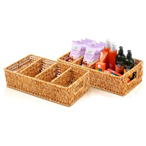 Nature-Inspired Rattan Pantry Organizer Baskets Set of 2 with 3 Removable Dividers – Handwoven Storage Bins for Kitchen or Bathroom Organization, Ideal for Snacks, Coffee & Tea (13” x 7.3” x 3.7”)