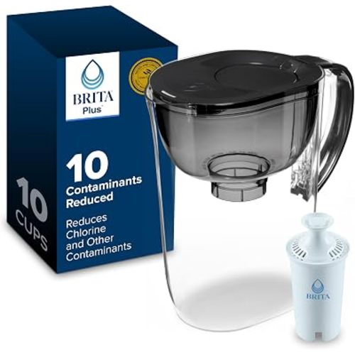 Brita Large 10-Cup Water Filter Pitcher with BritaPlus Filter, WQA NSF/ANSI Certified, Reduces 2X Contaminants vs. Standard, Removes Chlorine Taste & Odor, Reduces Zinc Copper Mercury & More, Black