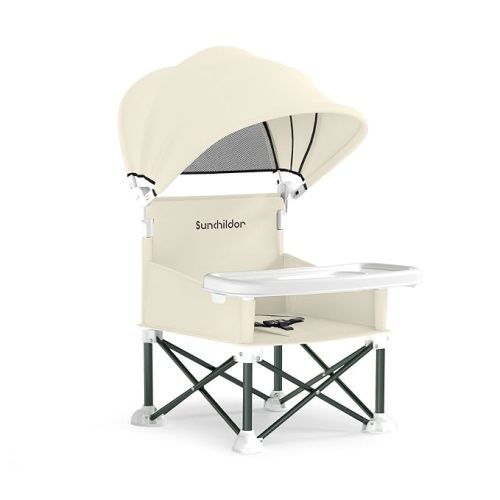 Portable Baby Booster Seat with Removable Tray & Canopy - 3 Point Safety Harness, Compact Fold for Travel, Indoor Outdoor Use for Infants & Toddlers, Beige