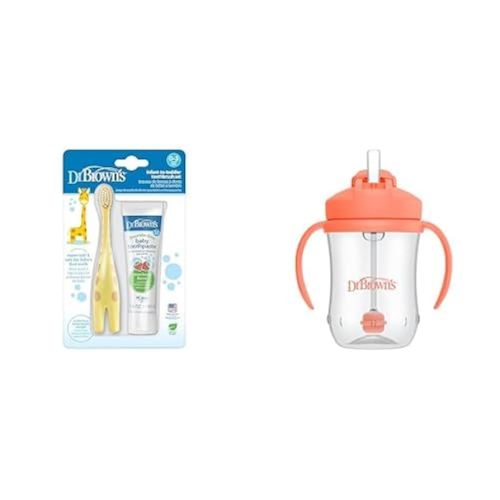 Dr. Brown's Infant-to-Toddler Training Toothbrush Set Fluoride-Free Baby Toothpaste, Strawberry & Milestones Baby’s First Straw Cup, Cup Weighted Straw, Coral, 6m+