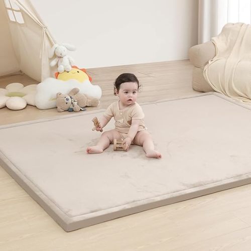 Baby Play Mat for Floor,1.3" Thick Memory Foam Tummy Time Mat,Soft Coral Velvet Nursery Rug,Extra Large Non Slip Crawling Mat for Toddlers,Infants,kids,Yoga Mat,Tatami Mat for Living Room(Beige)