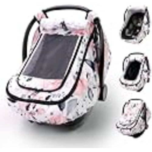 Car Seat Cover Baby Girls, with Mesh and Zipper, Pink Floral | 2 Layers, All Season Available, 4 Usage Modes, Windproof, Oversize Window Easy Access Carseat Covers Snug Fit Baby Stroller