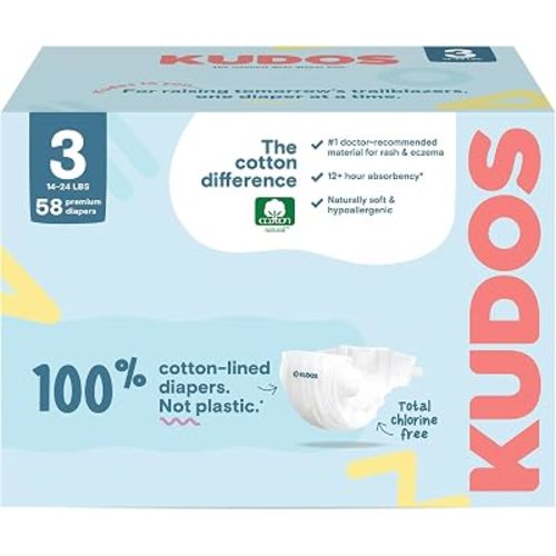 Kudos Diapers Size 3 (14-24 lbs), 62 Ct, 100% Cotton-Lined, Chlorine-Free