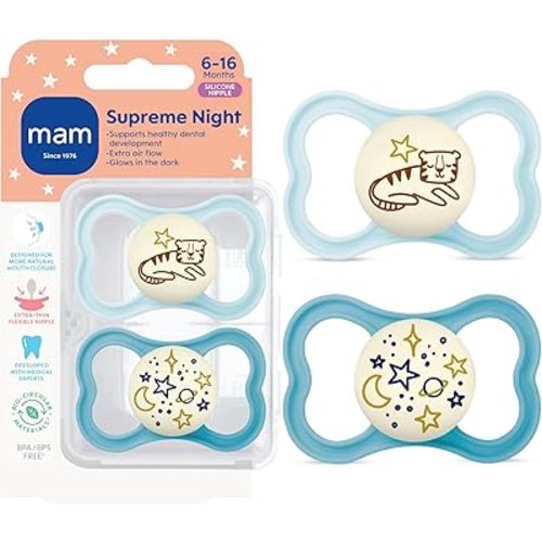 MAM Supreme Baby Pacifier, Newborns 6-16 Months, Developed with Orthodontists, Extra Air Flow for Sensitive Skin, Glows in The Dark, BPA-Free Silicone, Sterilizer Case, Pack of 2, Made in Europe