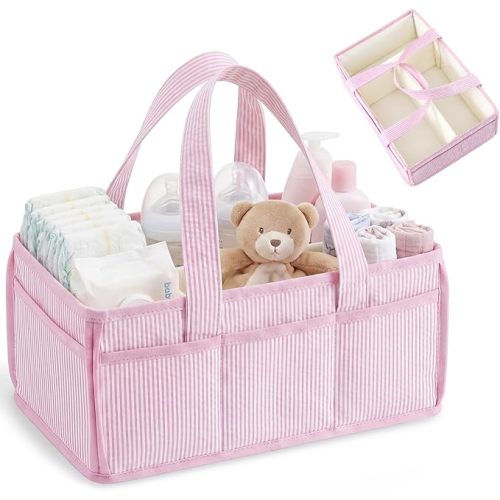 Baby Diaper Caddy, Stripe Diaper Caddy Storage Organizer, Stylish Large Tote Bag for Newborn Essentials Nursery Storage Boy or Girl, Gift for Baby Shower and Registry Must-Have (Pink)
