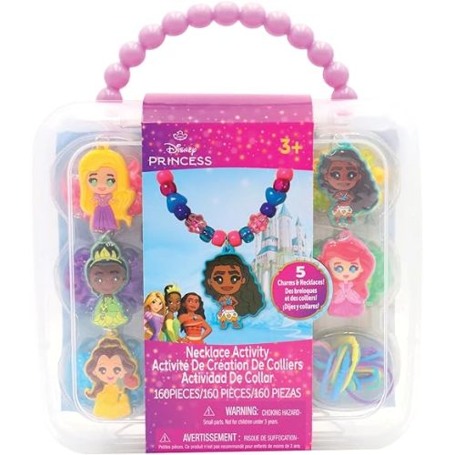 Disney Princess Necklace Activity Case – Jewelry Making Kit with Beads, Charms & Strings – Create Custom Princess Necklaces – Craft Gift for Girls Ages 3+ – Portable Storage Case Included
