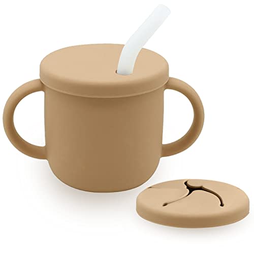 TotAha Silicone Straw Cup for Baby | Sippy Cups for Babies 6-12-18 Month | Sip-N-Snack Lid 2-in-1 Transition Cup from Bottle | Open Training Cups with Easy-Hold Handle | Baby Led Weaning Snack Cups