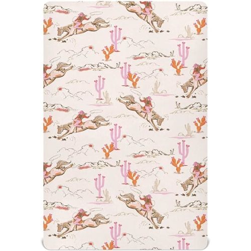 Western Cowgirl Crib Sheets for Boys Girl Pink Cowgirls Horse Cactus Mountain Sunset Fitted Mattress Cover West Desert Toddler Baby Bed Sheets Standard Unisex Crib Sheet 28x52 Inch