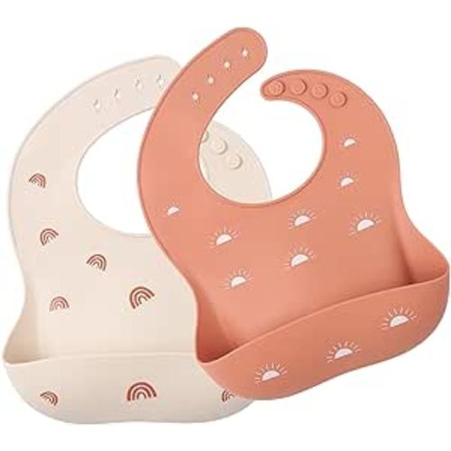 ROCCED Baby Silicone Bibs 2 Sets Baby Bibs with Food Catcher for Girls Boys Toddlers BPA Free Waterproof Soft Durable Adjustable Silicone Bibs for Babies-Shifting Sand/Pale Mauve