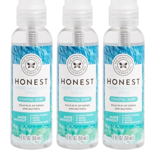 The Honest Company Plant-Based Hand Sanitizer Spray | Kills 99.9% of Germs | Hypoallergenic, Quick-drying + Moisturizing | Coastal Surf, 2 fl oz each (pack of 3)