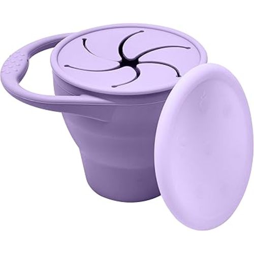 BraveJusticeKidsCo | Snack Attack Snack Cup | Collapsible Silicone Snack Container | Toddler and Baby Snack Catcher Lid (Purple)