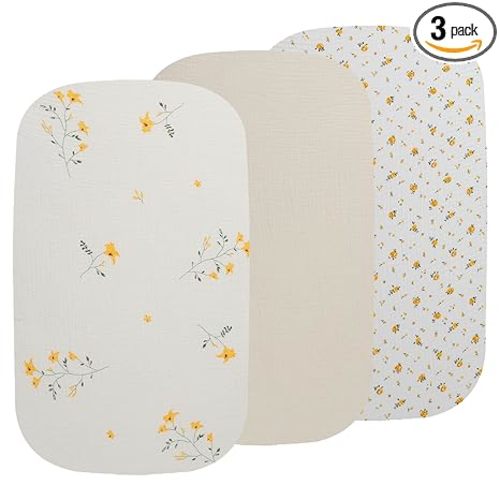 Onacosht Muslin Bassinet Sheets 3 Pack, 100% Cotton Baby Sheet 35" X 20" Compatiable with AMKE 3 in 1 Bassinets, MiClassic, Uiuwoo, Foalom, YADAQE, Milliard and TCBunny Bassinet, Leaf and Floral Beige