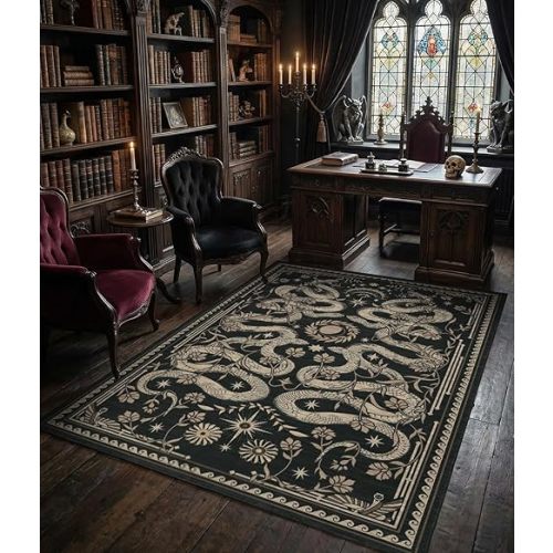Black Snake Gothic Washable 3x5 Area Rug Dark Whimsical Moody Witchy Unique Soft Large Carpet for Bedroom Nursery Playroom Indoor Decor Low Pile TPE Backing