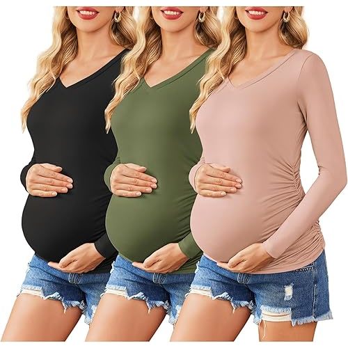 Ekouaer Womens Maternity Shirts Long Sleeve 3 Packs Pregnancy V-Neck Clothes Tunic Blouse Fall Tops for Mama S-XXL