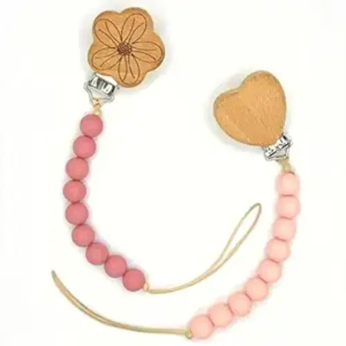 Wood Paci Clips 2 Pack for Baby Girl, Premium Flexible Bead Design, Universal Fit, Safe Pacifier Holder