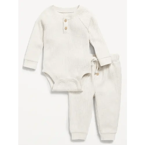 Long-Sleeve Thermal-Knit Henley Bodysuit and Pants Set for Baby