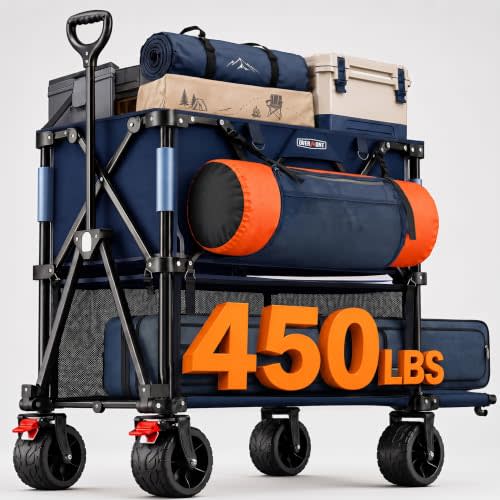 Overmont 400L Folding Double Decker Wagon with Brakes, 47.2" Extended Shelf | 450 lb Heavy Duty Collapsible Wagon Cart with 7" All-Terrain Wheels, Gear Pockets for Camping, Sports, Shopping