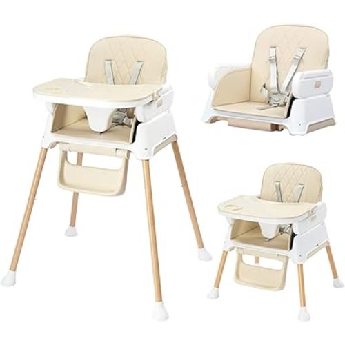 JOYMOR 5 in 1 Baby High Chair for Babies and Toddlers, Portable Highchair Fold Compact, ConvertibleBaby Feeding Chair Booster for Eating with Detachable Double Tray, 5 Point Harness (Beige)