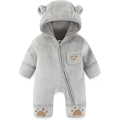 JiAmy Baby Snowsuit Fleece Bunting - Newborn Winter Bear Onesie Warm Hooded Romper with Foldover for Infant Boys Girls